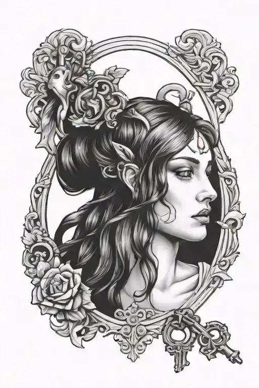Circe holding a key, simple portrait looking straight on  tattoo design idea