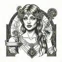 Circe holding a key, simple portrait looking straight on  tattoo design idea