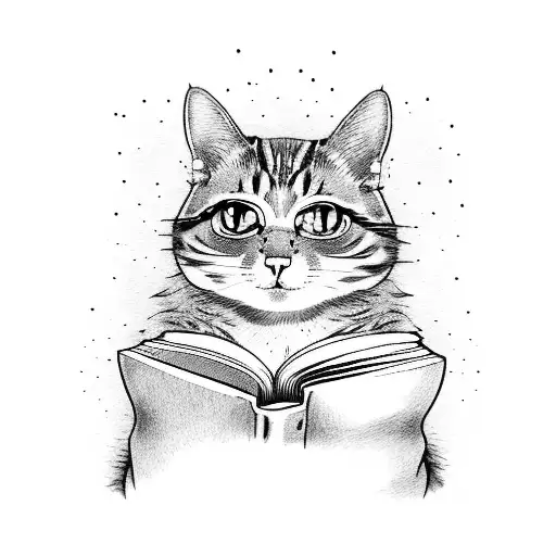 Cat reading a book with an anime scene inside tattoo design idea