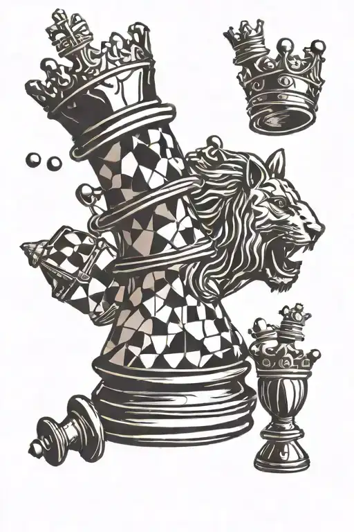 chess pawn with a crown on its head with other chess pieces falling around it tattoo design idea