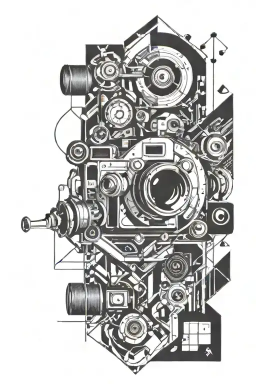 movie, music, camera lens surrounded tattoo design idea