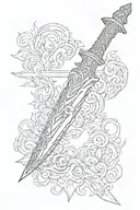a simpe sword with text "sirenity"  tattoo design idea