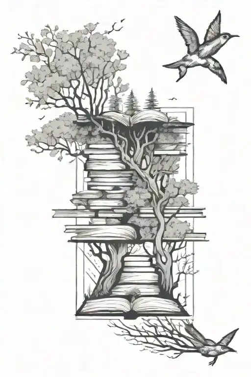 book open to nature elements like trees tattoo design idea