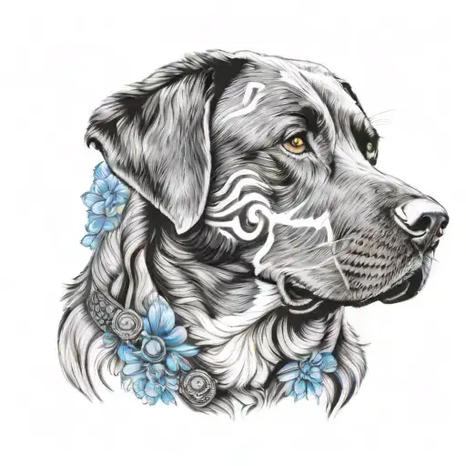 portrait of a Labrador dog but with a brindle pattern on the fur. include an art neoveau style surround with plumbago. tattoo design idea