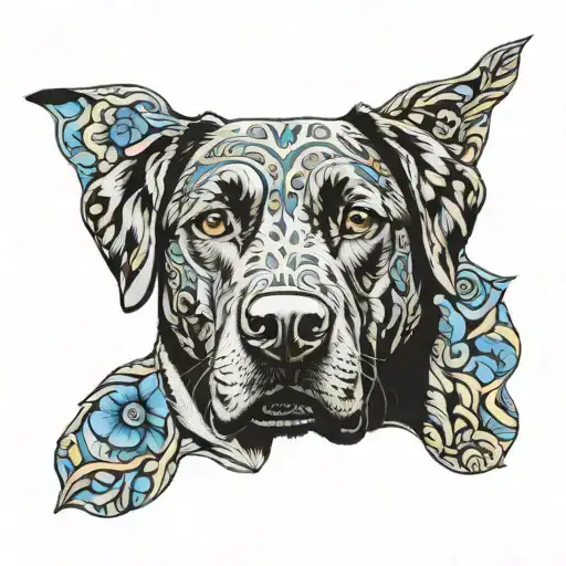portrait of a Labrador dog but with a brindle pattern on the fur. include an art neoveau style surround with plumbago. tattoo design idea