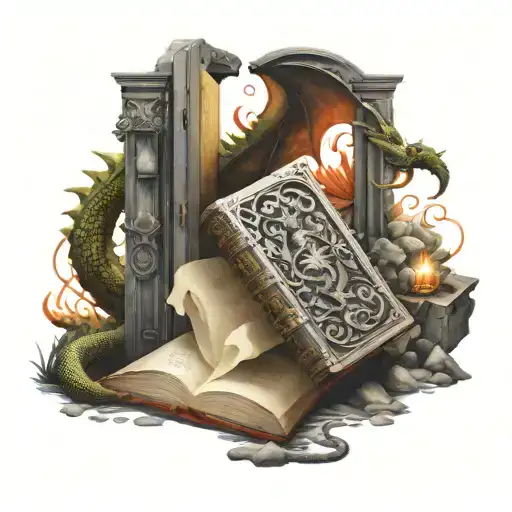 a book focal point with a sword a door a dragon. tattoo design idea