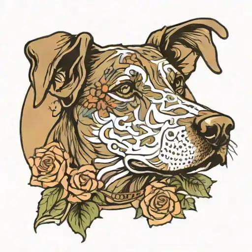 Alphonse mucha style portrait of a plott hound featuring plumbago, citrus blossoms, and roses. tattoo design idea