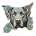 portrait of a Labrador dog but with a brindle pattern on the fur. include an art neoveau style surround with plumbago. tattoo design idea