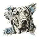 portrait of a Labrador dog but with a brindle pattern on the fur. include an art neoveau style surround with plumbago. tattoo design idea
