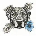 portrait of a Labrador dog but with a brindle pattern on the fur. include an art neoveau style surround with plumbago. tattoo design idea