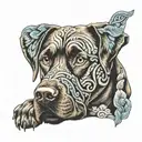 portrait of a Labrador dog but with a brindle pattern on the fur. include an art neoveau style surround with plumbago. tattoo design idea