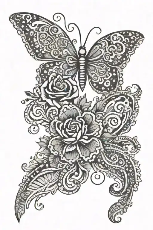 rose key butterfly paisley pattern tattoo design idea