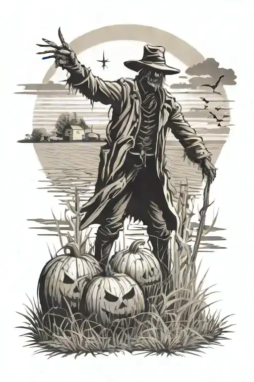 dark night in a field with bales and a scarecrow standing in it  tattoo design idea