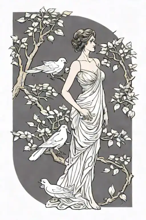 Aphrodite standing in front of myrtle tree back facing wearing low back dress, hair up, and reaching for a dove tattoo design idea