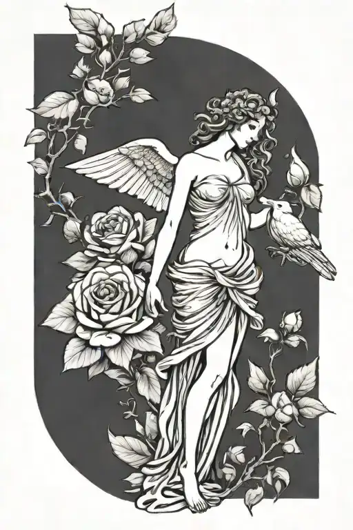 Aphrodite standing back forward in front of a rose or myrtle bush reaching for a dove tattoo design idea