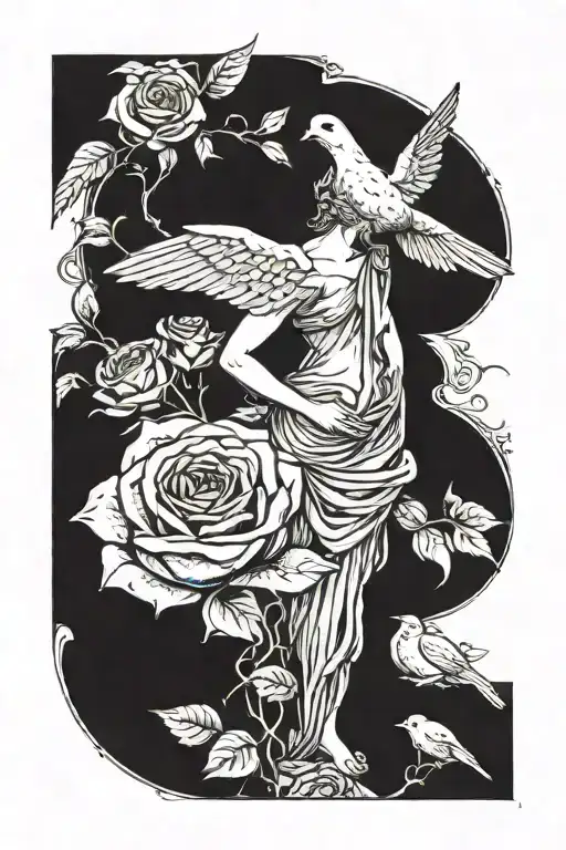 Aphrodite standing back forward in front of a rose or myrtle bush reaching for a dove tattoo design idea