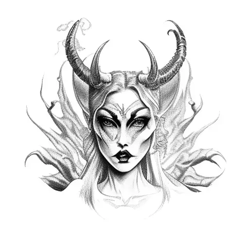  a powerful and alluring devil female figure, embodying the qualities of both a Virgo and a devil goddess. She could ha tattoo design idea