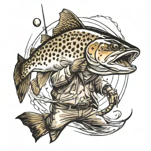 a brown trout uppercut punching a man fishing  tattoo design idea