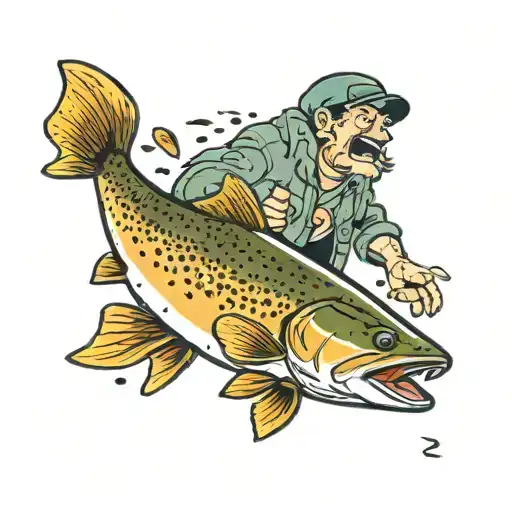 a brown trout and brook trout punching a human man  tattoo design idea