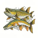 a brown trout and brook trout punching a human man  tattoo design idea
