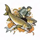 a brown trout and brook trout punching a human man  tattoo design idea