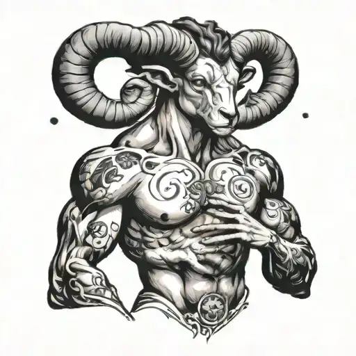 Aries with a pumped-up body to the waist, big hands, small planets circling around him tattoo design idea