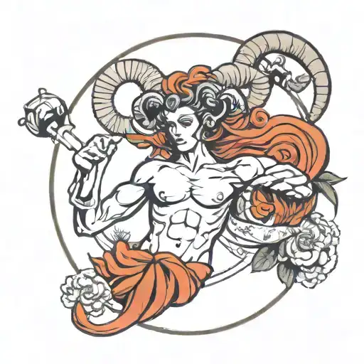 Aries with a pumped-up body to the waist, horns twisted back, big hands, a planet flying over one palm, and small planet tattoo design idea