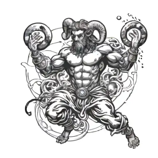 Aries with a pumped-up body, big hands, small planets circling around him tattoo design idea