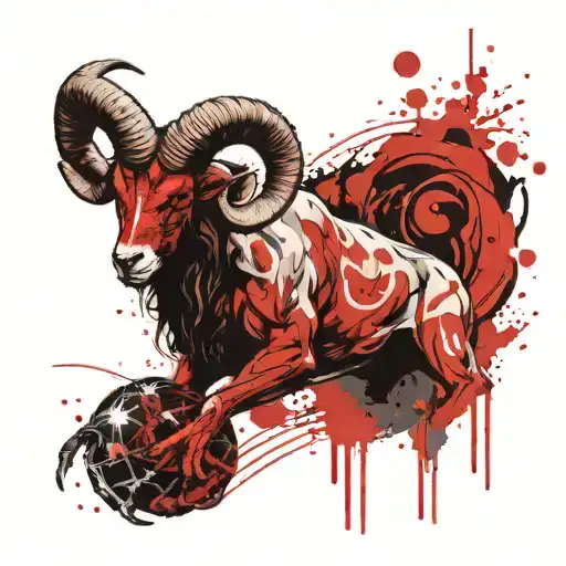 Aries with a pumped-up body to the waist, horns twisted back, big hands, a planet flying over one palm, and small planet tattoo design idea