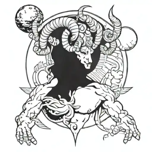 Aries with a pumped-up body to the waist, horns twisted back, big hands, a planet flying over one palm, and small planet tattoo design idea