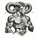 Aries with a pumped-up body to the waist, big hands, small planets circling around him tattoo design idea