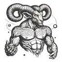 Aries with a pumped-up body to the waist, big hands, small planets circling around him tattoo design idea