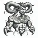 Aries with a pumped-up body to the waist, big hands, small planets circling around him tattoo design idea