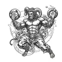Aries with a pumped-up body, big hands, small planets circling around him tattoo design idea