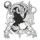 Aries with a pumped-up body to the waist, horns twisted back, big hands, a planet flying over one palm, and small planet tattoo design idea