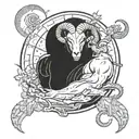 Aries with a pumped-up body to the waist, horns twisted back, big hands, a planet flying over one palm, and small planet tattoo design idea