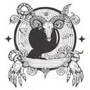 Aries with a pumped-up body to the waist, horns twisted back, big hands, a planet flying over one palm, and small planet tattoo design idea