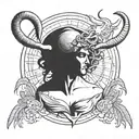 Aries with a pumped-up body to the waist, horns twisted back, big hands, a planet flying over one palm, and small planet tattoo design idea