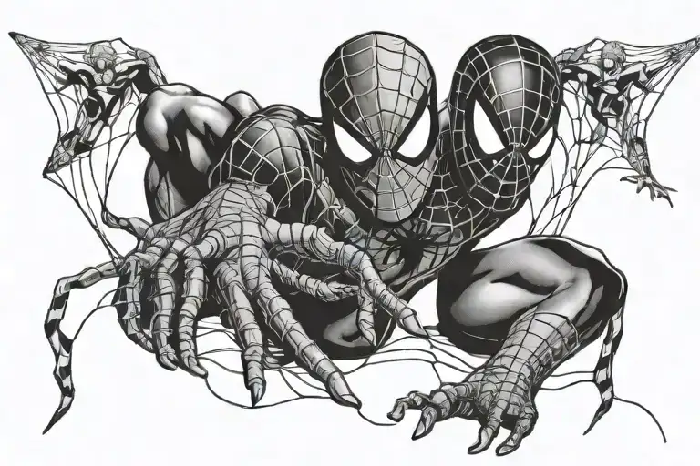 with great power comes great responsibility " With " excelsior " on the bottom left and a spiderman mask on the right tattoo design idea