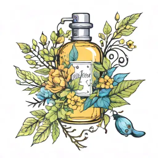 A whimsical mix of nature elements and perfume ingredients forming a unique pattern tattoo design idea