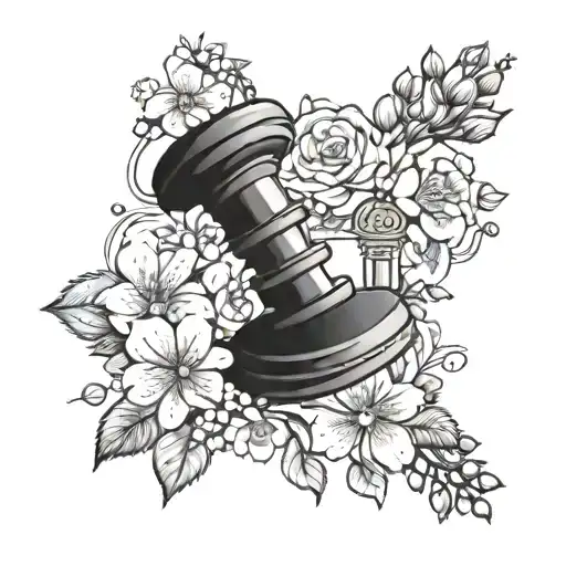 Combine elements of a gavel, blooming flowers, and perfume bottles in a blackwork tattoo design symbolizing the harmony between justice and nature tattoo design idea