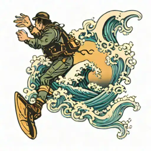 waves crashing with diver find poking out of the waves  tattoo design idea