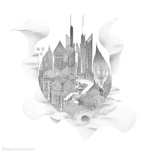 A beautiful melody flowing through a city skyline tattoo design idea