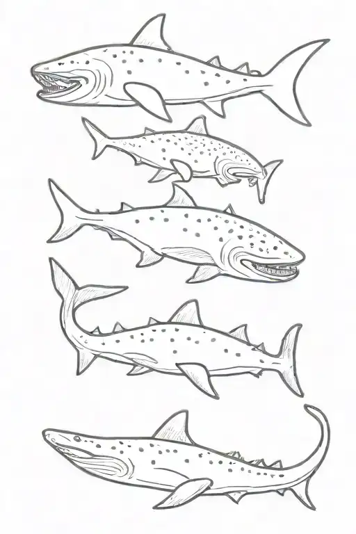 two whale sharks swimming at the top. three cat sharks at the bottom  tattoo design idea