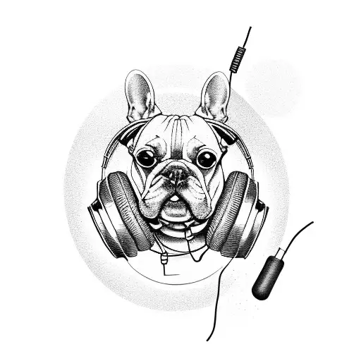 A french bulldog wearing headphones and DJ-ing tattoo design idea