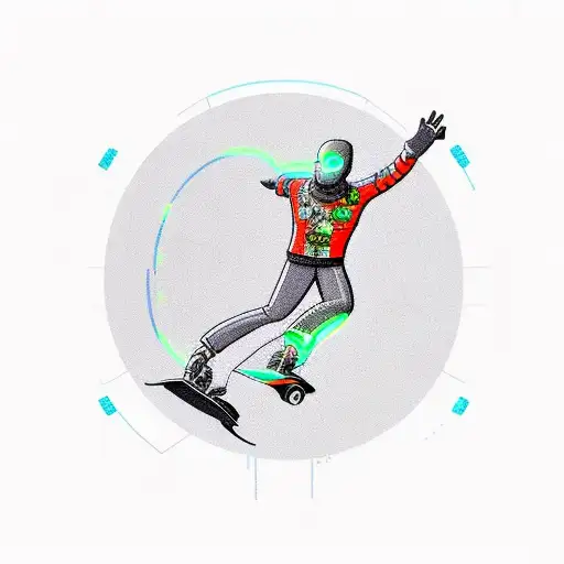 A futuristic cyborg skateboarding on a circuit board tattoo design idea