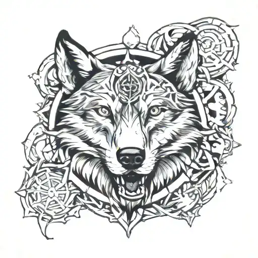 wolf head in dharma wheel surrounded tattoo design idea