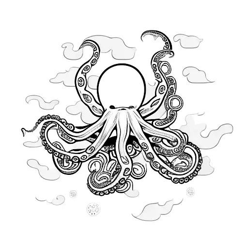 An octopus emerging from a cloud of smoke, surrounded by video game controller buttons tattoo design idea