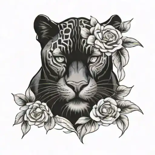 black panther with flowers intertwined tattoo design idea
