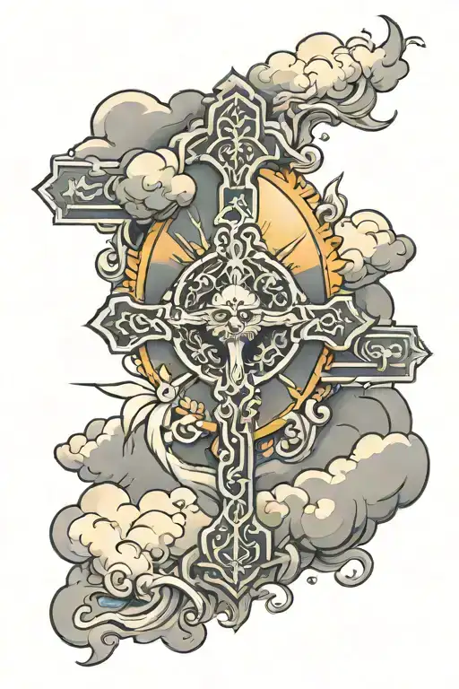 cross with sun and clouds surrounding tattoo design idea